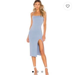 Lovers + Friends Skylar Midi Dress in Blue Bell Jersey Knit Square Neck Slit XS